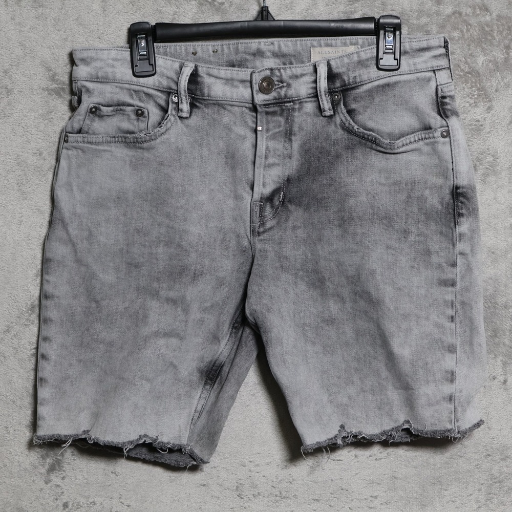 AllSaints Switch Jean Shorts Mens 32 Gray Cut Off Denim Button Fly Acid Wash